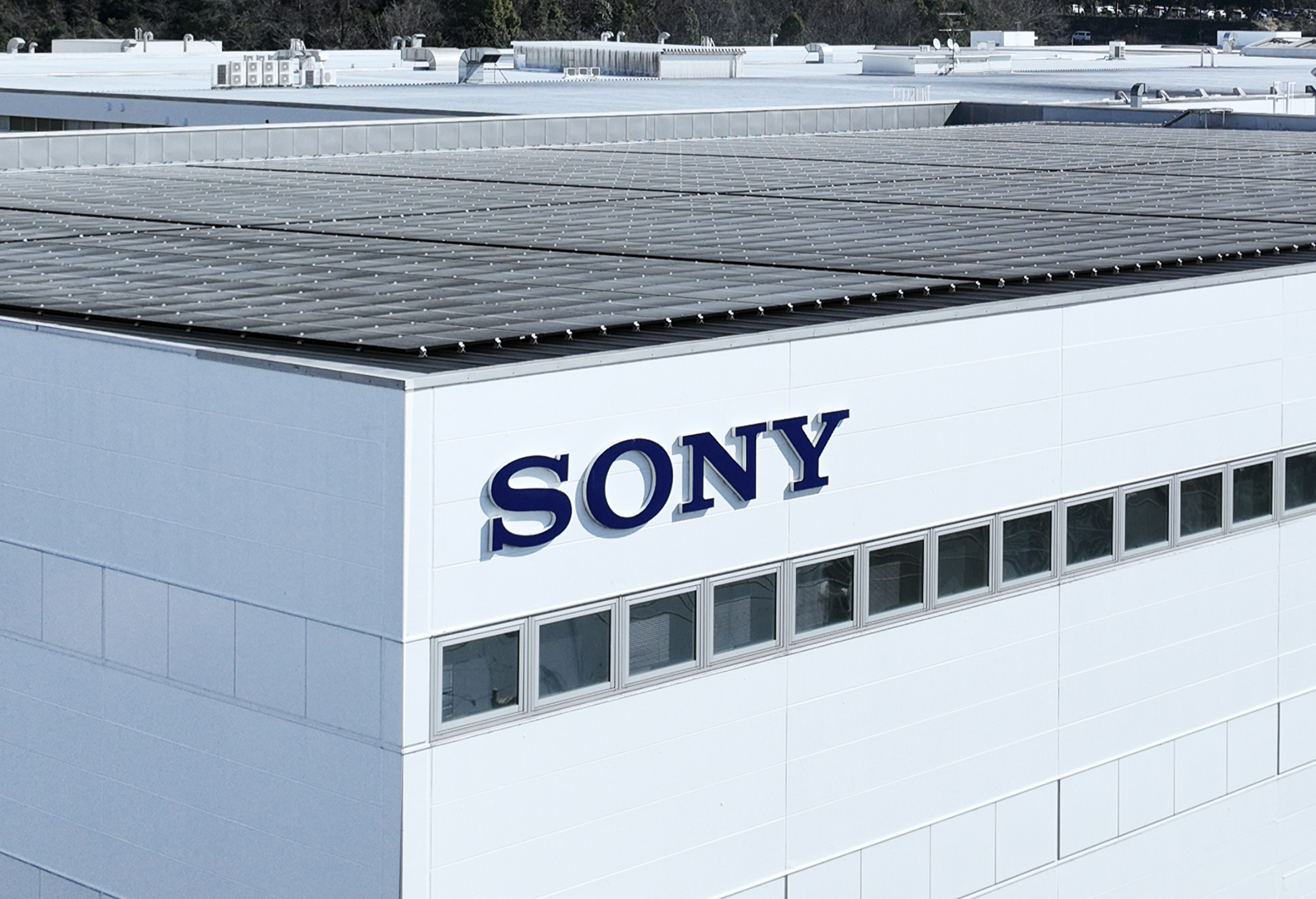 屋根にソーラーパネルが載ったビル。壁面にSONYロゴが設置されている