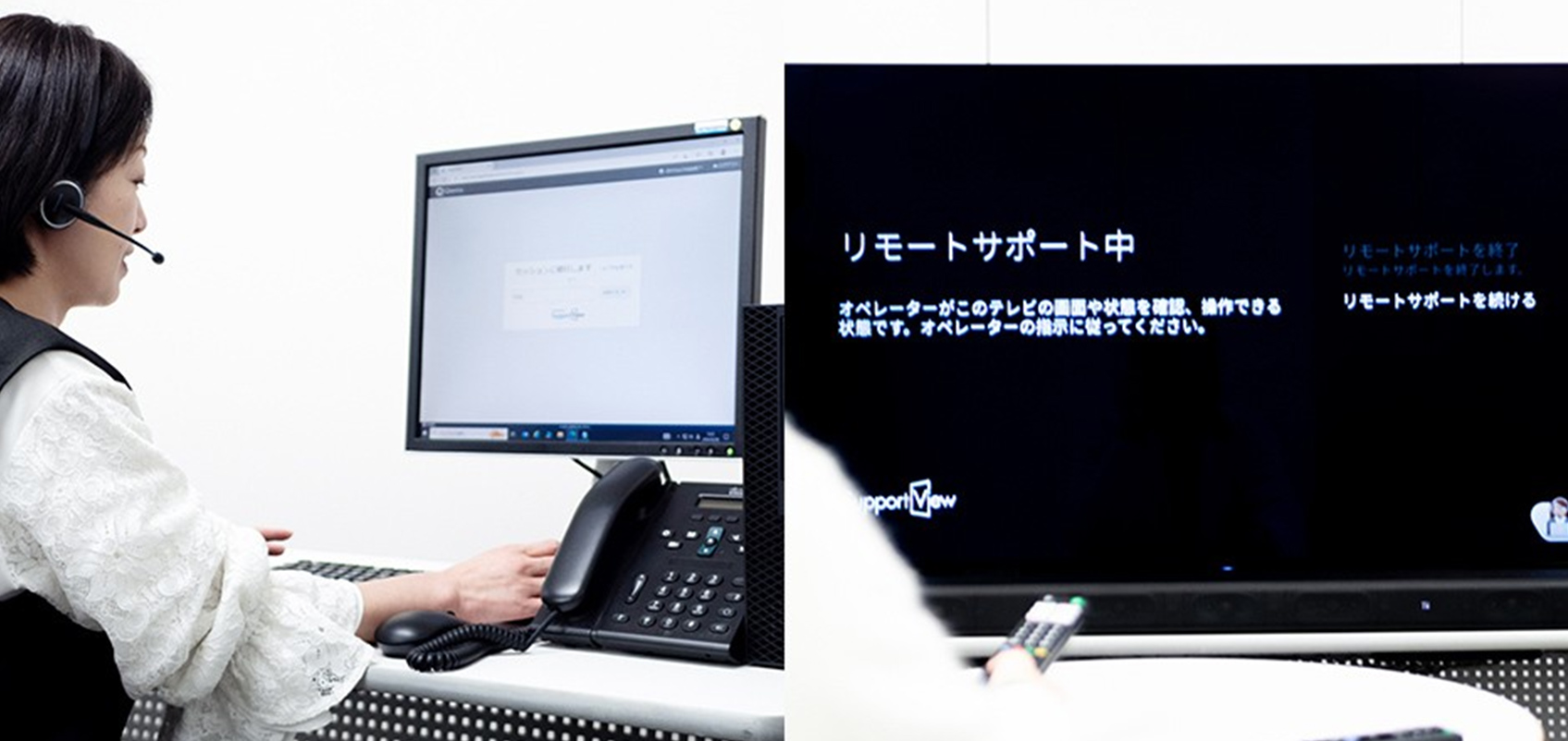 Left: remote support operator wearing headset, with phone, keyboard and monitor, providing remote support;
Right: BRAVIA TV displaying remote support screen